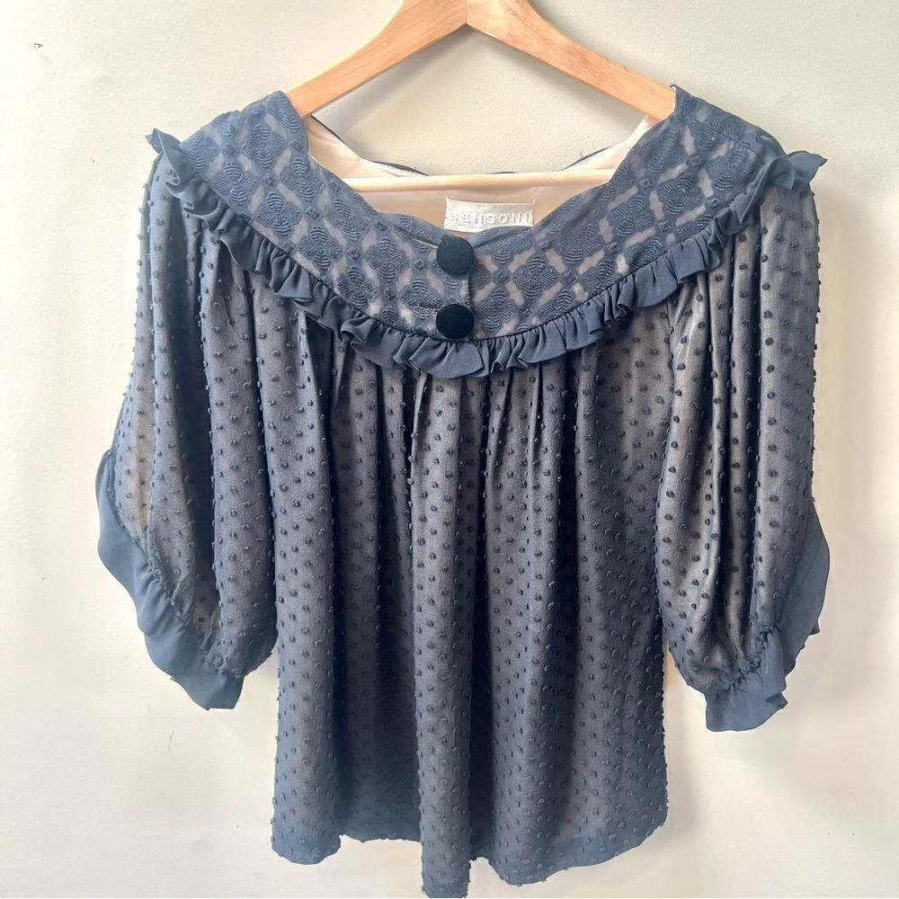Monsoon Navy Swiss Dot Ruffle Collar Blouse
